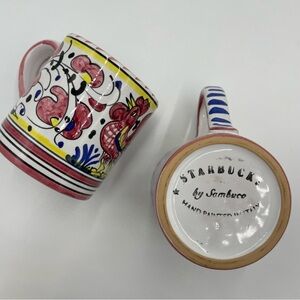 Starbucks Sambuco Coffee Mugs Pottery Rooster Red Hand Painted Italy Floral 8 oz